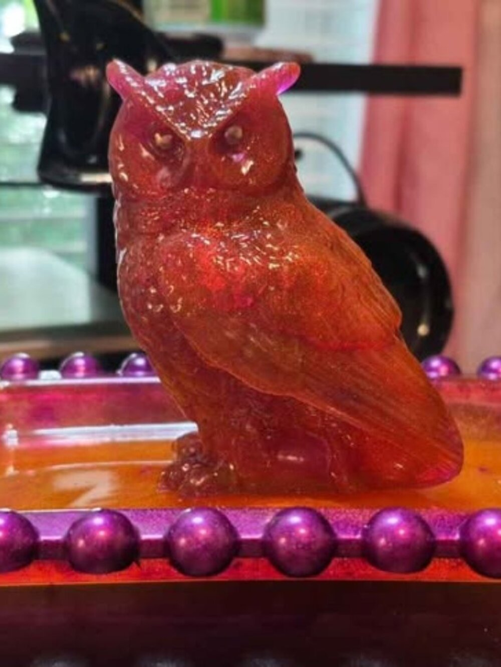Handmade Resin Owl Figurine (3 1/2" tall) with Decorative Beaded Tray (5x7)